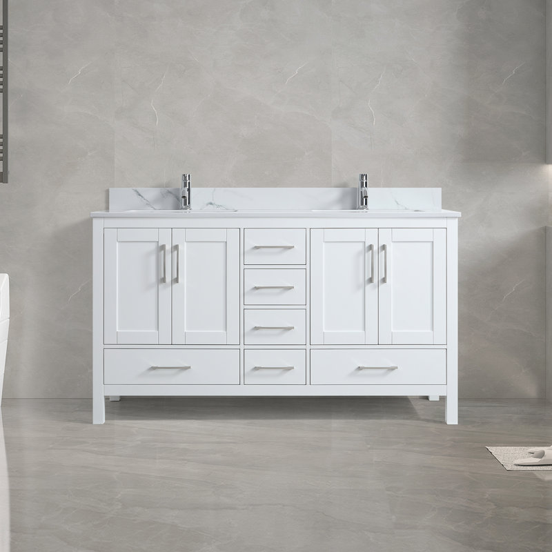 Jaheam 60 po L x 22 po P 4 portes et 6 tiroirs Meuble-lavabo autoportant avec évier double et Comptoir en Marbre de Calcutta d'ingénierie