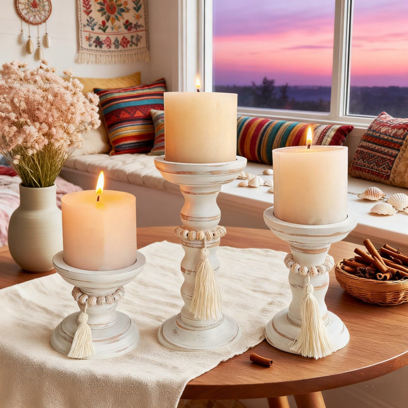 Rustic Wood Candle Holder Set Of 3 For Farmhouse Decor