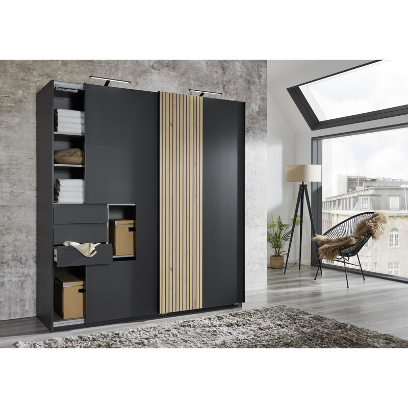 Nadije 2 Door Manufactured Wood Wardrobe, Graphite/Acoustic Slats-NB ARTISAN