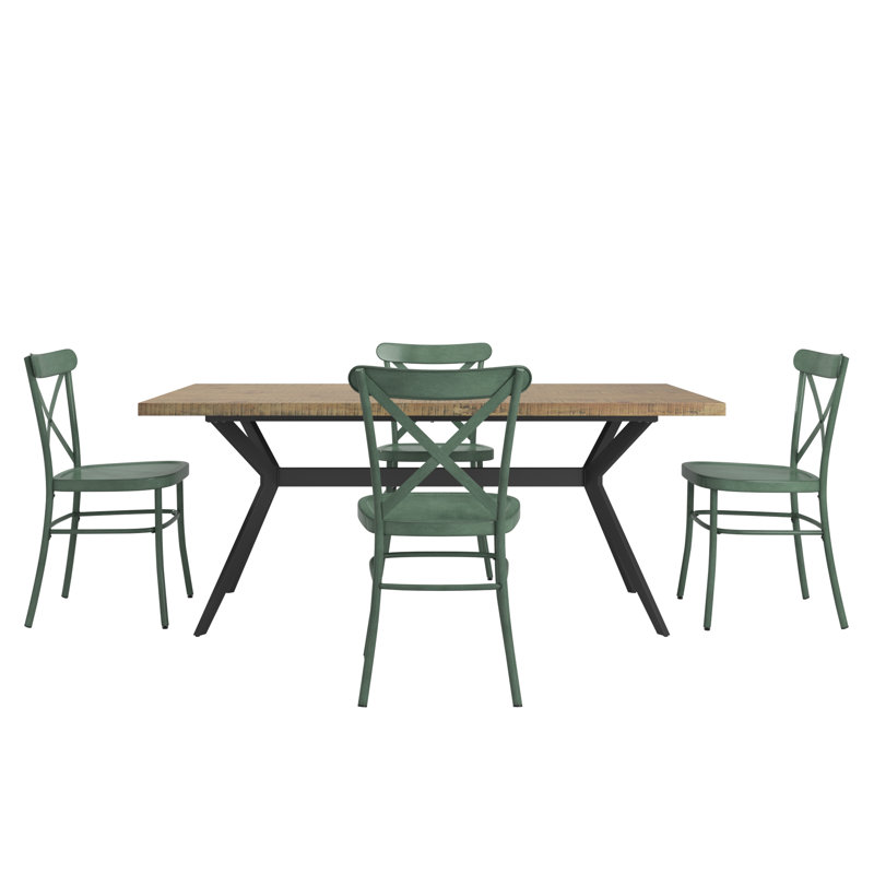 Devan 70" Iron Metal Base Dining Table And X-Back Metal Chairs Set - Table And 4 Chairs, Brown, Green