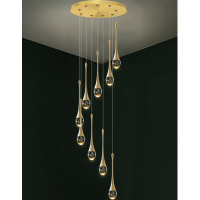 9-Lights Gold Crystal Bubble Staircase Chandeliers 100" High Ceiling Pendant Light Dimminable