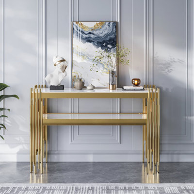 47.2" Modern White Faux Marble Narrow Console Table With Storage Shelf And 4 Gold Legs