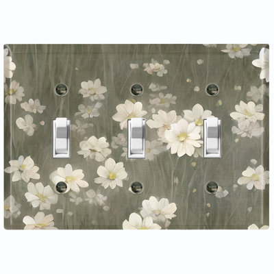 White Flower Olive Green Nature Themed 3 - Gang Toggle Light Switch Standard Wall Plate