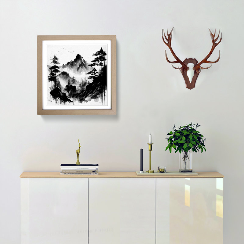 Japanese Mountains Ink Wash - Single Picture Frame Print on Wood, Oak
