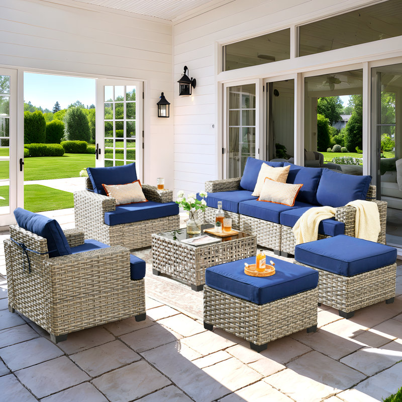 Ensemble de 8 meubles de patio modulaires en osier avec coussins 8 pièces, Marine