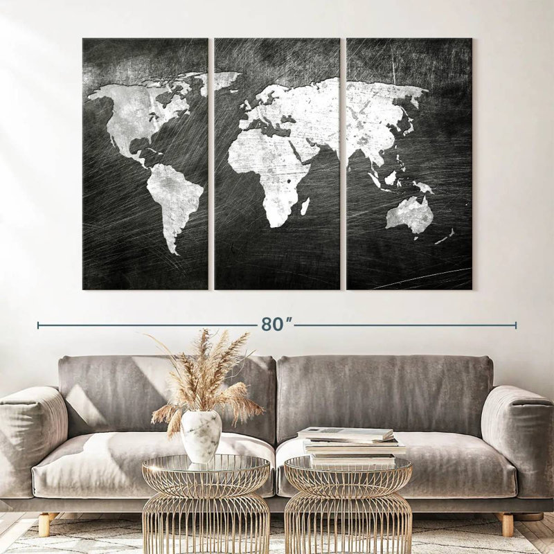 «World Map Iron Impression World Map», ensemble de 3 pièces sur toile, H 65 po x l 42 po x P 1,25 po