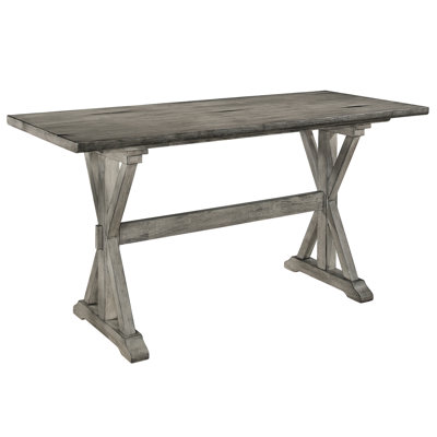 Rectangular Gray Counter Height Table, Solid Wood, Accommodates 6 For Dinner Rubberwood Dining Height, Distressed Look, Seats