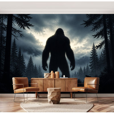 Papier peint mural autocollant représentant une silhouette de Sasquatch dans la brume, des arbres et une forêt au crépuscule mystérieux. Grand format, amovible et repositionnable, idéal pour le salon, la chambre ou la chambre d'enfant. 175 cm (H) x 244 cm (L).