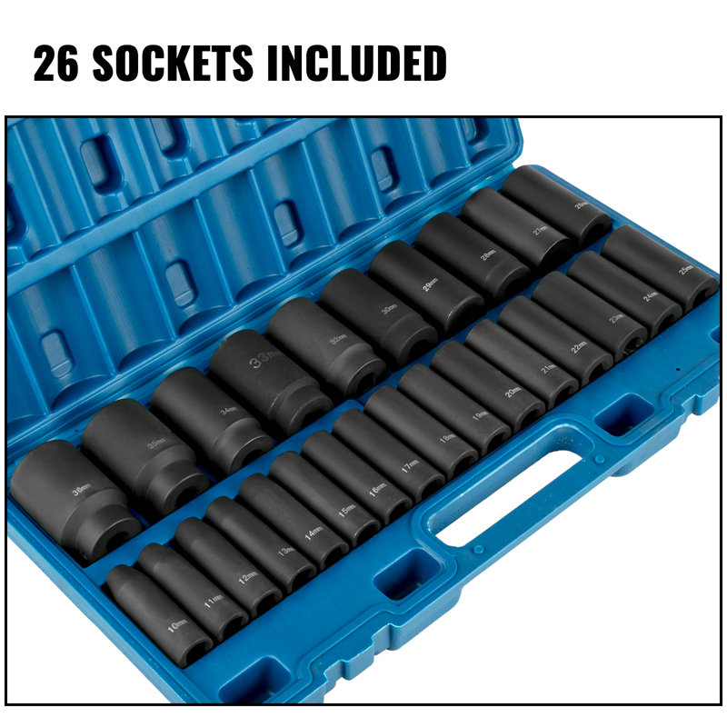 Impact Socket Set 1/2 Inches 26 Piece Impact Sockets, Deep Socket