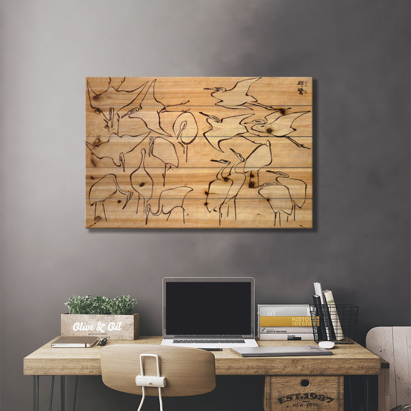 Cranes par Katsushika Hokusai - Estampe numérique sur toile tendue avec châssis, H 18 po x l 26 po x P 1,5 po, Non mat, Bois