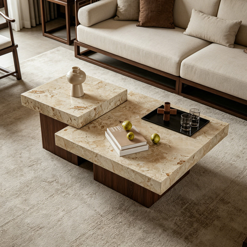Ensemble de tables basses carrées avec plateau Living Room, H 13,77 po x L 35,43 po x l 35,43 po, Marron clair, Brun noyer