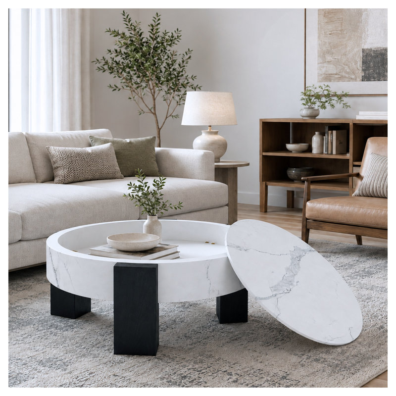 Table basse ronde de rangement de 33 pouces avec couvercle amovible, plateau en marbre blanc et pieds en bois noir