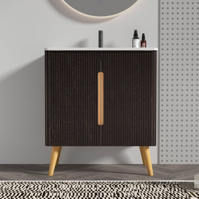 Meuble-lavabo rayé 30 po avec lavabo, options d'armoire murale autoportante pour salle de bain moderne, KD