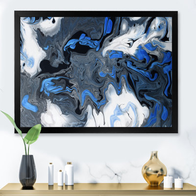 Vagues bleues liquides sur fond blanc et noir - peinture sur toile