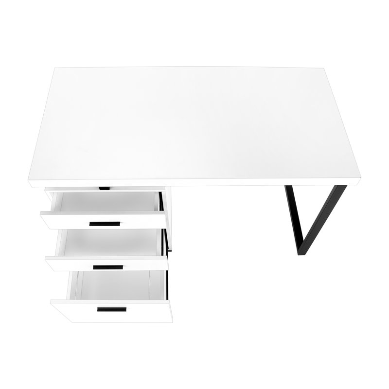 Bureau d'ordinateur moderne de 48 pouces avec tiroirs de rangement - Bureau réversible, bureau en stratifié blanc et métal noir pour ordinateur portable et d'écriture