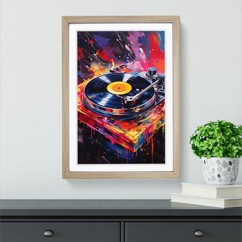 Record Player Action Painting No.2 - Single Picture Frame Print on Wood, 34cm H x 25cm W x 2cm D, Oak