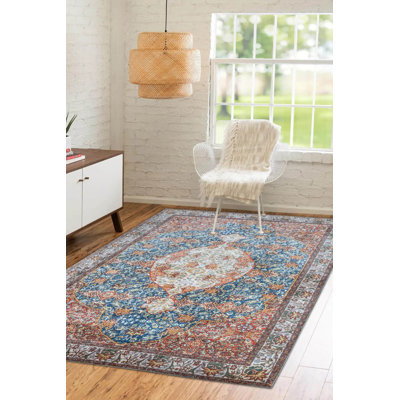 Tapis décoratif bleu en polyester oriental bleu doux tissé à la machine