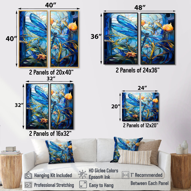 Blue Dragonfly Yellow Flowers - Modern Wall Art, Black, 36" H x 48" W, Impression encadrée flottante