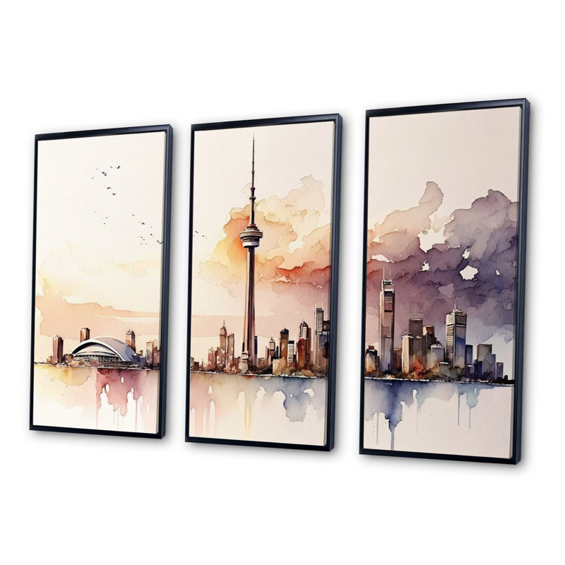 Toronto Skyline VII - 3 pièces sur toile, Cadre flottant noir, H 28 po x l 36 po x P 1 po