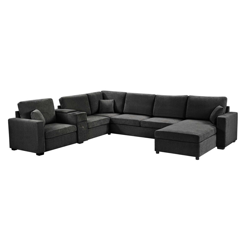 Canapé modulaire personnalisable à 5 places avec rangement intégré et porte-gobelets, Chenille - noir