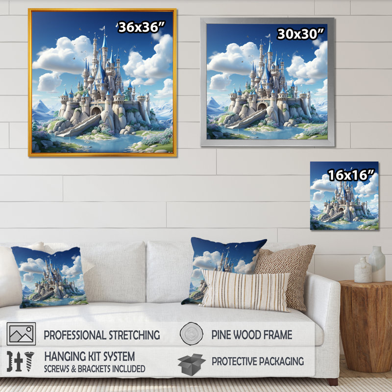 Princesse, château magique, rêves II - art mural, Cadre simple noir, H 36 po x l 36 po x P 1,5 po