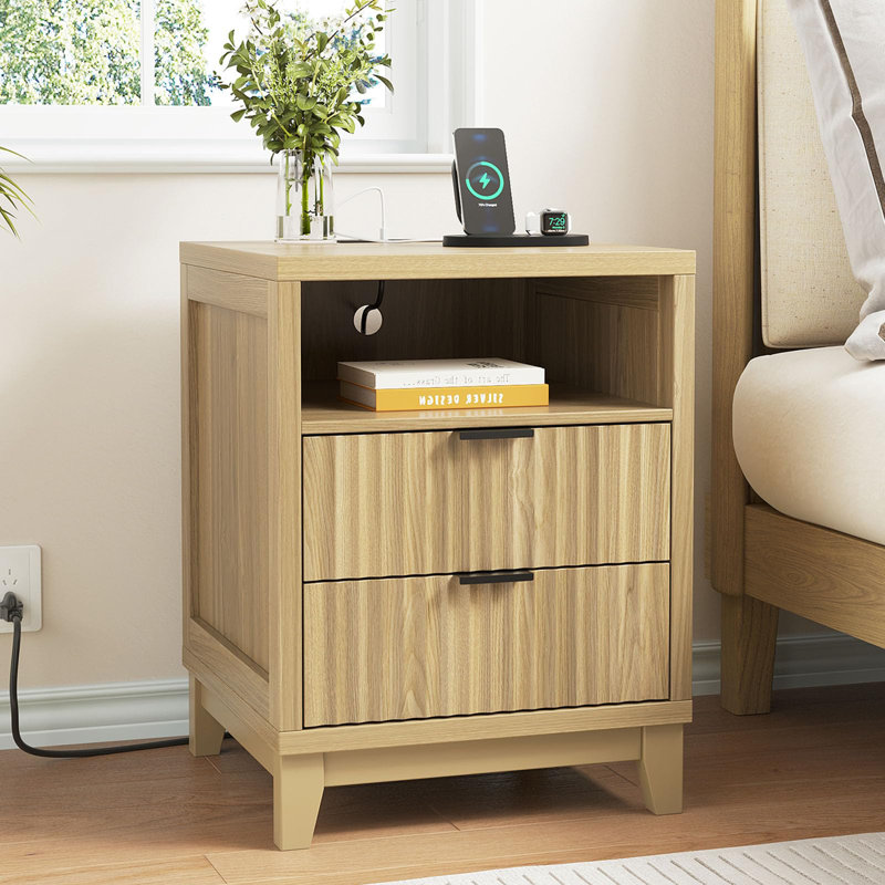 17.7'' Fluted Nightstand With Charging Station, Yellow