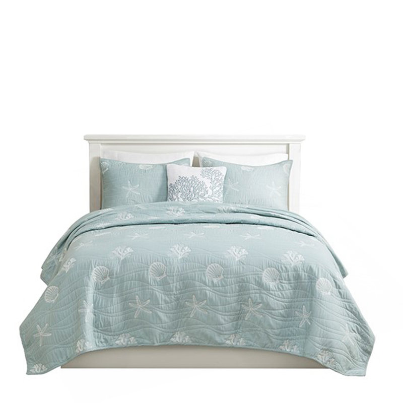 Ensemble de courtepointe brodée réversible en coton 4 pièces avec coussin décoratif double / grand turquoise