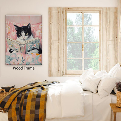 Drôle de chat noir lisant des livres sur toile, des affiches de chambre de fille rose, des animaux mignons, des impressions de chat rétro, un amoureux des chats, une décoration murale pour un ado