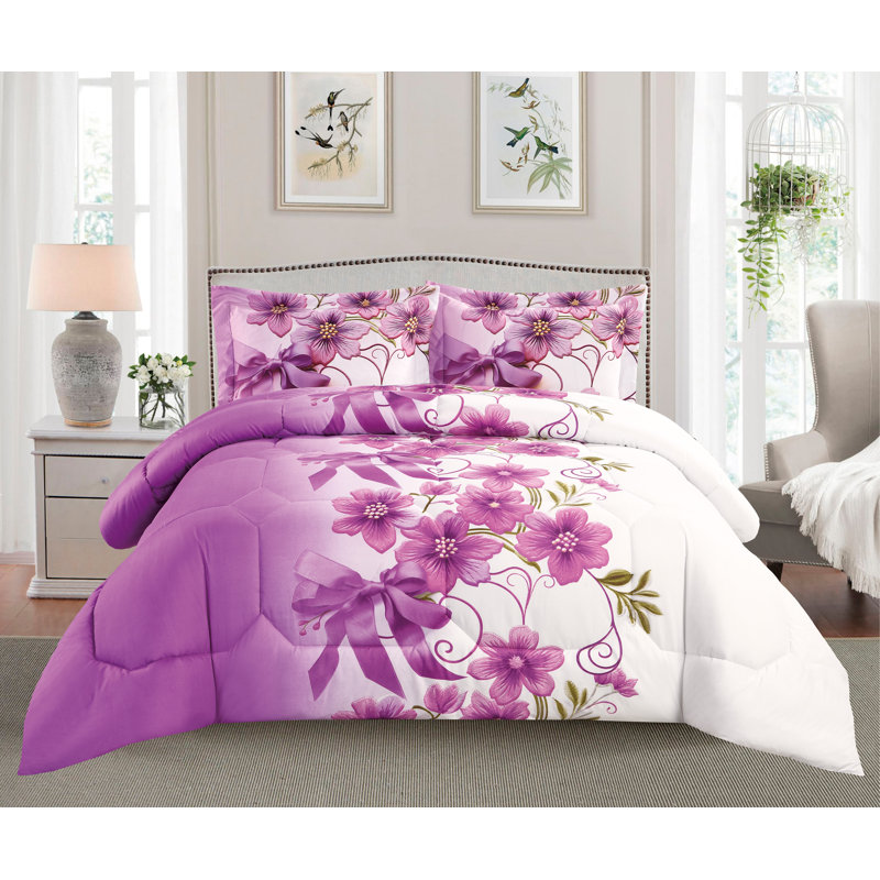 Purple Trendy Printed Bedspread Floral Design Quilted with Pillow Shams, Double Bedspread + 2 Standard Shams