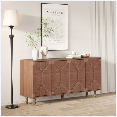 Accent Sideboard Buffet Cabinet with Wire-Brushed & Seagrass Doors, Freestanding Storage TV Stand for Hallway, Entryway, Dining Room & Living Room, Brown