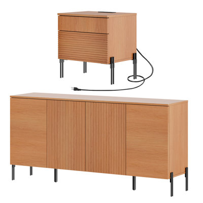 Laverda Modern Minimalist Nightstand And Bedside Cabinet Set, Wooden Chest With Hidden Handles, Reed Pattern & Double Chopsticks Legs For Bedroom Furn by Union Rustic