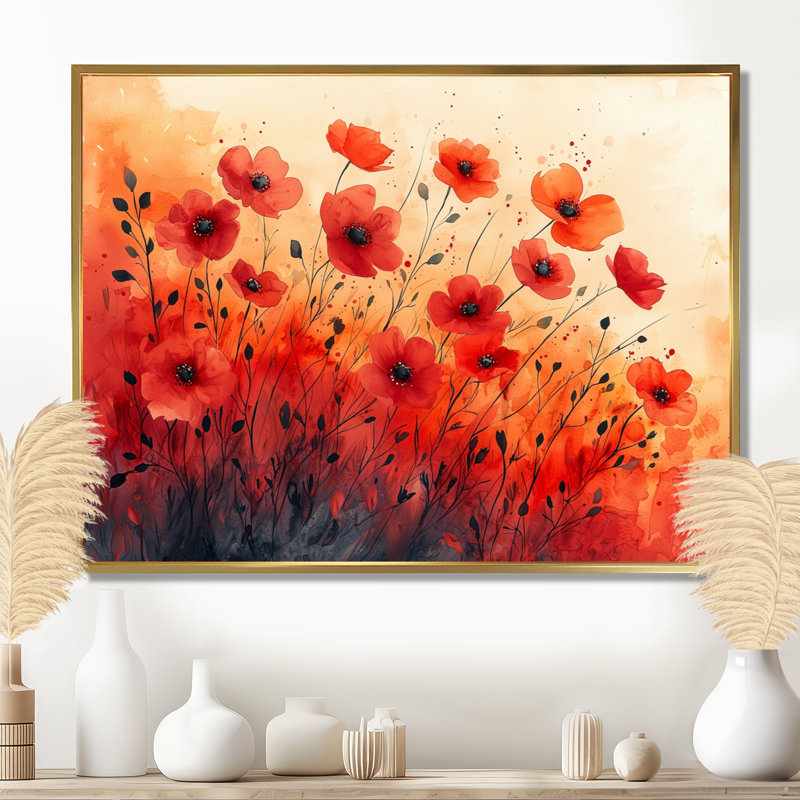 «Autumn Dance Of The Sunset Poppies III» - Art mural coquelicots, 34" H x 44" W, Cadre flottant doré
