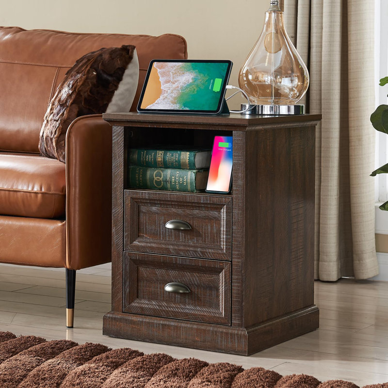 farmhouse sidetable with Charging Station, 2 Drawer Dresser for Bedroom, Brown