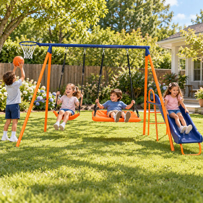 Ensemble de balançoire 4 en 1 pour enfants avec glissoire, plateforme, balançoire à ceinture et panier de basketball