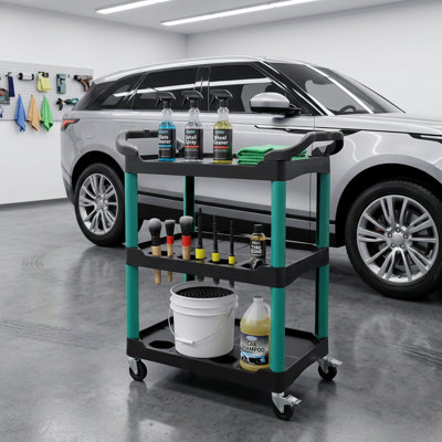 Chariot à outils roulant à 3 niveaux Lifesky pour la voiture: Station de travail mobile de 300 lb - Rangement anti-déversement à 3 couches pour le garage et l'atelier - Organisateur robuste noir et vert