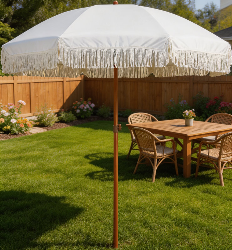 Parasol de patio à franges de 7 pi, UPF50 +, mât et nervures en acier de qualité supérieure, inclinaison à bouton-poussoir, blanc crème (base non incluse)