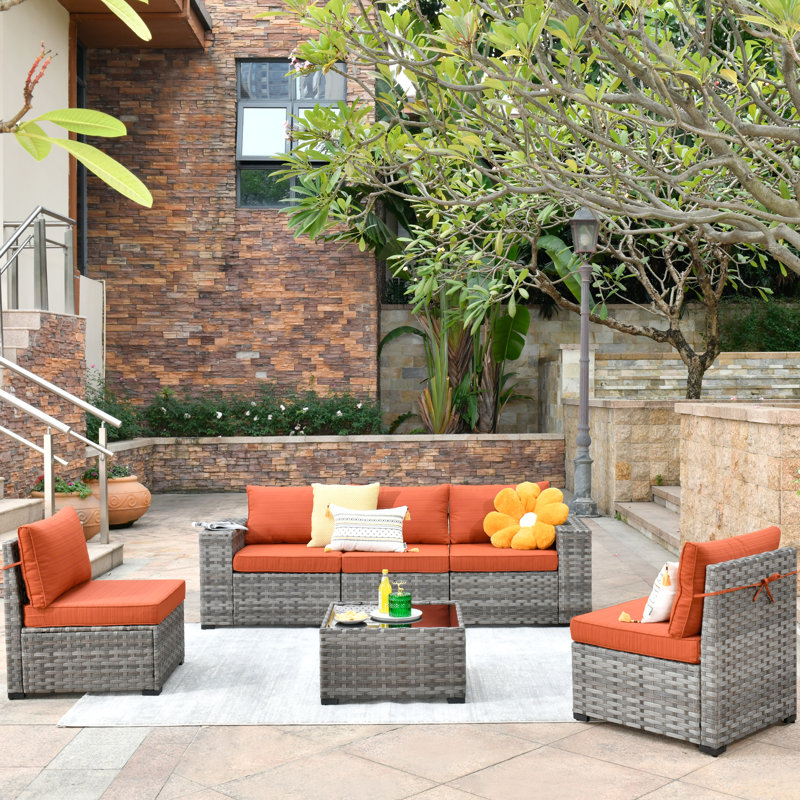 Ensemble de mobilier de patio en osier pour 5 personnes avec coussins confortables et table basse, Orange
