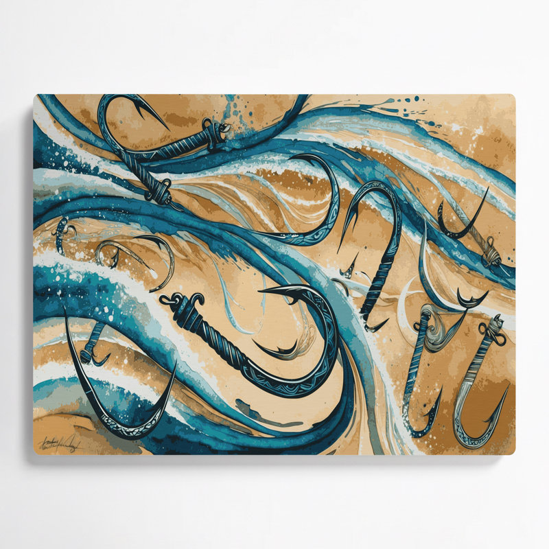 Art mural hawaïen hameçons en métal beige, H 20 po x l 30 po