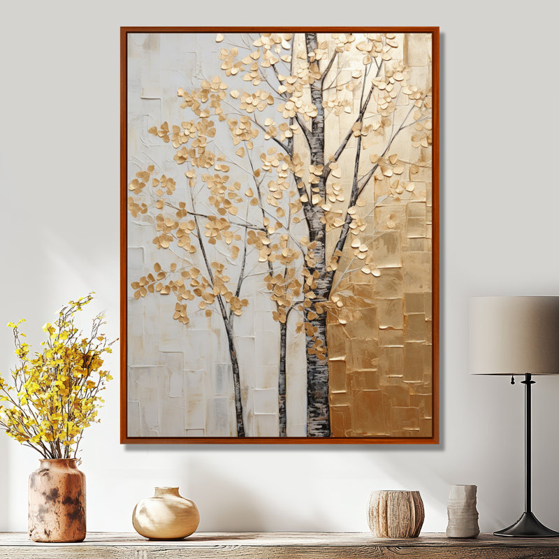 Minimalisme Golden Trees Harmony II - arbres, art mural, H 40 po x l 30 po x P 1,5 po, Cadre flottant brun