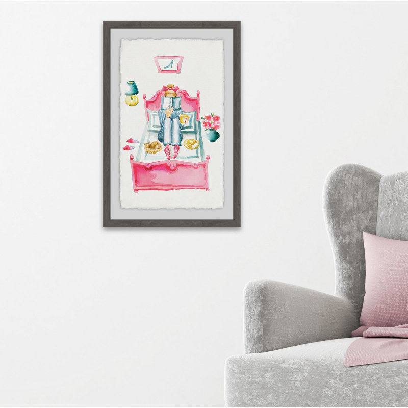 «Pink Bed Reading» - Reproduction d'art sur toile encadrée, H 36 po x l 24 po x P 1,5 po, Cadre gris