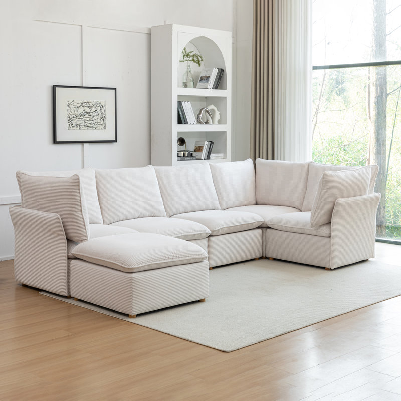 Hepworth Dejohn Corduroy Sectional Sofa With Solid Wood Legs, 36" H x 125" W x 62.5" D, White Corduroy