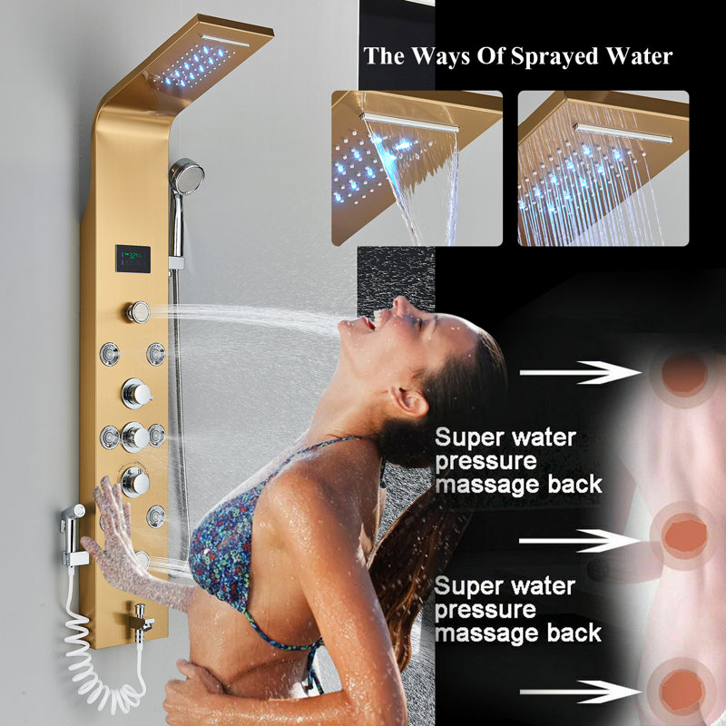 	Système de tour de douche à panneau de douche à DEL en acier inoxydable doré