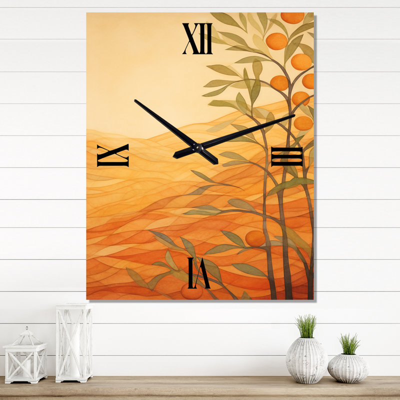 Golden Sunset Glow Over Orange Meadows, peinture - horloge murale, Médium