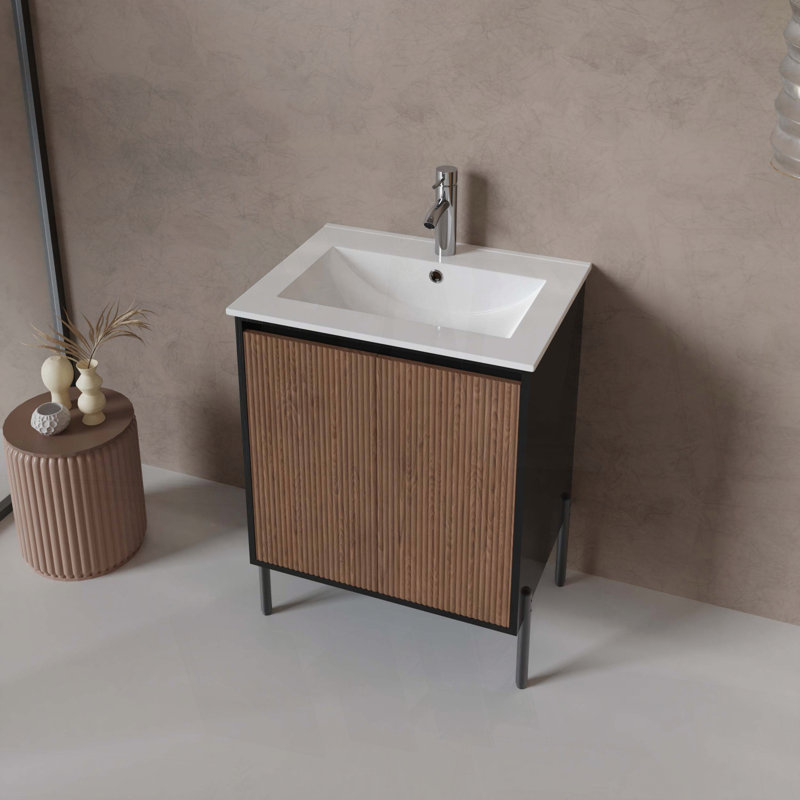 Meuble-lavabo sur pied ou mural avec lavabo et bonde escamotable, pieds réglables en hauteur, portes à fermeture douce et tablette réglable, noyer et noir