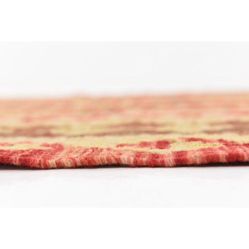 Tapis de zone en laine rouge/beige 3 pi 6 po x 6 pi noué la one-of-kind main Doorfield