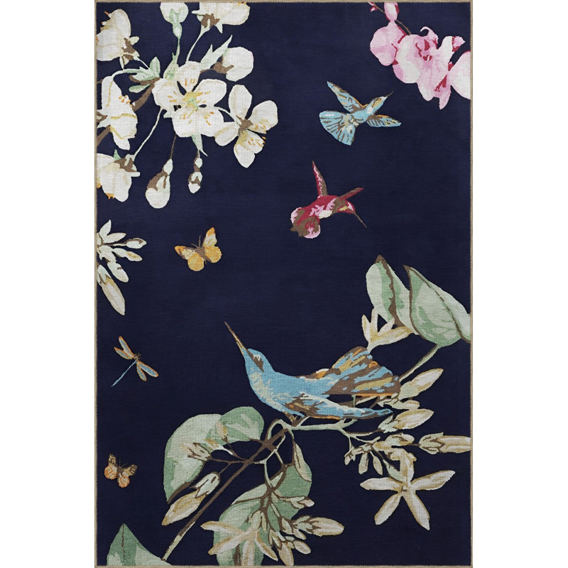 Navy Themed Multicolor Tree and Bird Patterned Modern Decorative Rug, Runner 2'6" x 9'10" Rug Pad Included