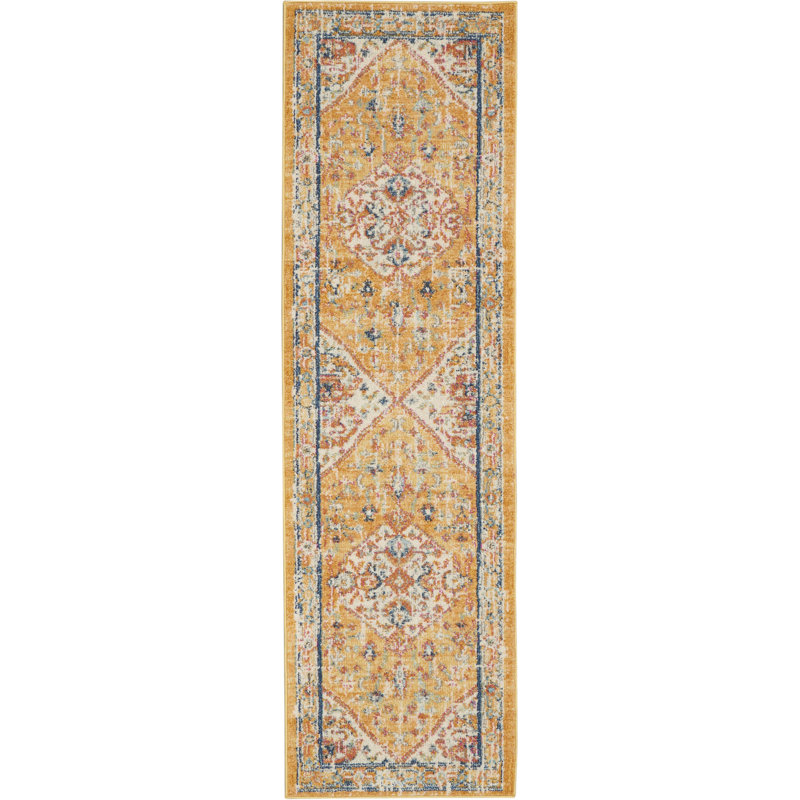 Tapis en polypropylène ivoire / orange tissé à la machine, Tapis de couloir 2 pi 2 po x 7 pi 6 po