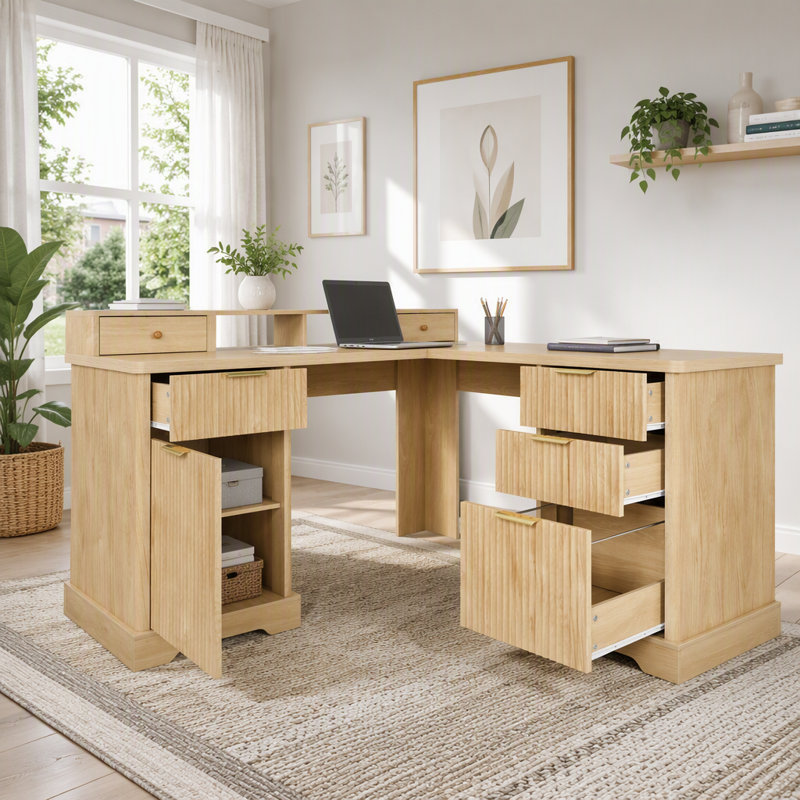 Bureau en L 59 po cannelé avec station de charge et armoire de rangement 59 po Modern, Chêne clair