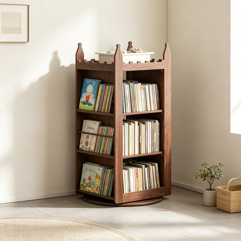 Bibliothèque rotative en bois massif brun noisette