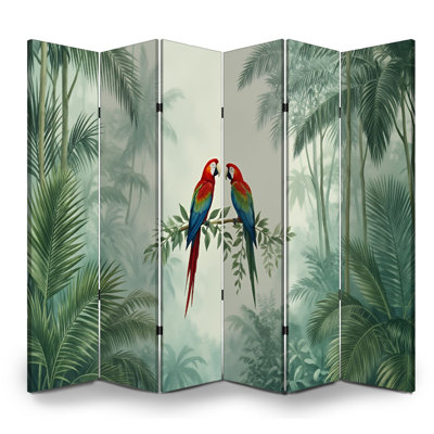 6 Panels Folding Screen Room Divider Royal Tropical Jungle Scene Colorful Parrots Green Foliage Canvas Screen Room Separator Freestanding Protective Wall Divider Privacy Partition